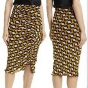 DVF Diane Von Furstenberg Yellow And Brown Geometric Midi Skirt Size Large